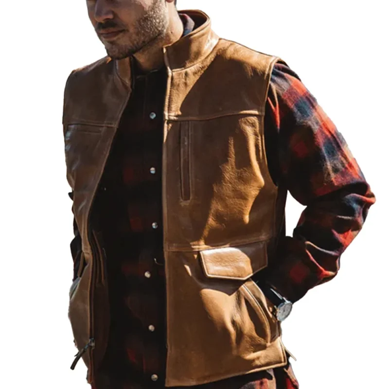 Mens Zipper Brown Leather Vest with Collar