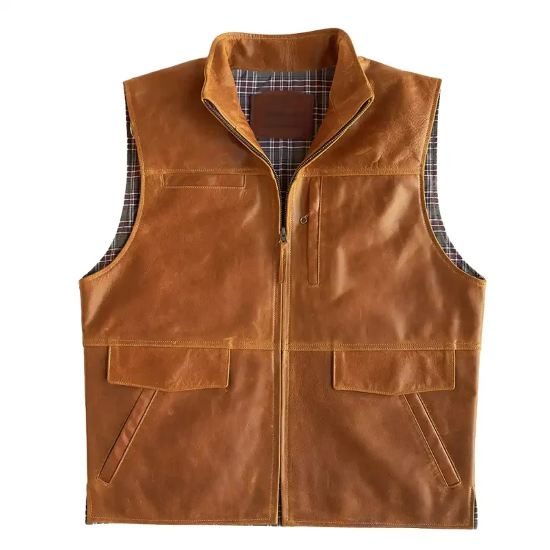 Mens Zipper Brown Leather Vest with Collar