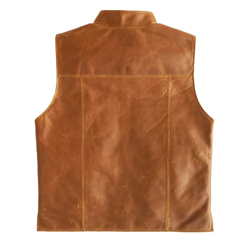 Mens Zipper Brown Leather Vest with Collar