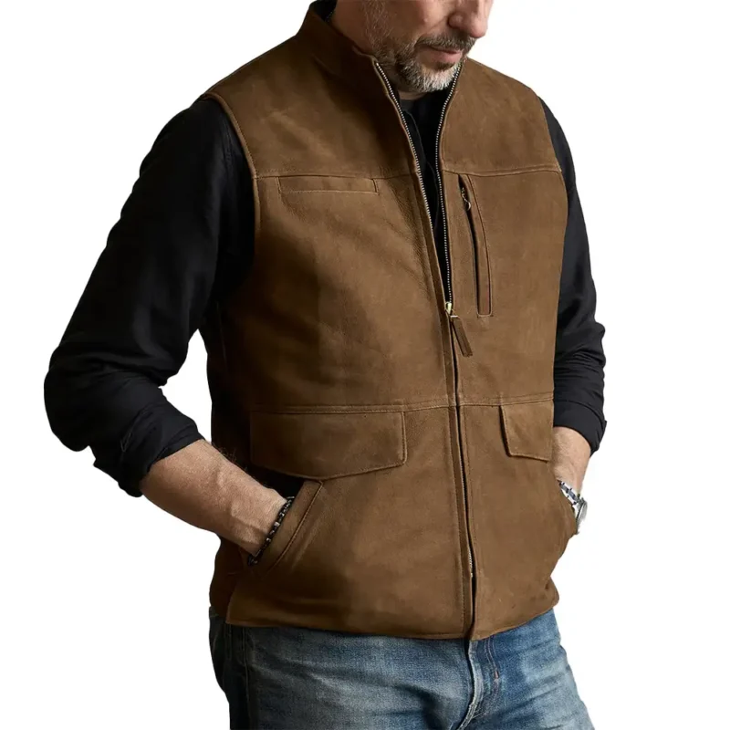 Mens Zipper Brown Leather Vest