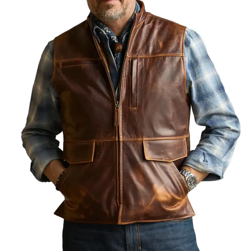 Zipper Brown Leather Vest with Collar Mens