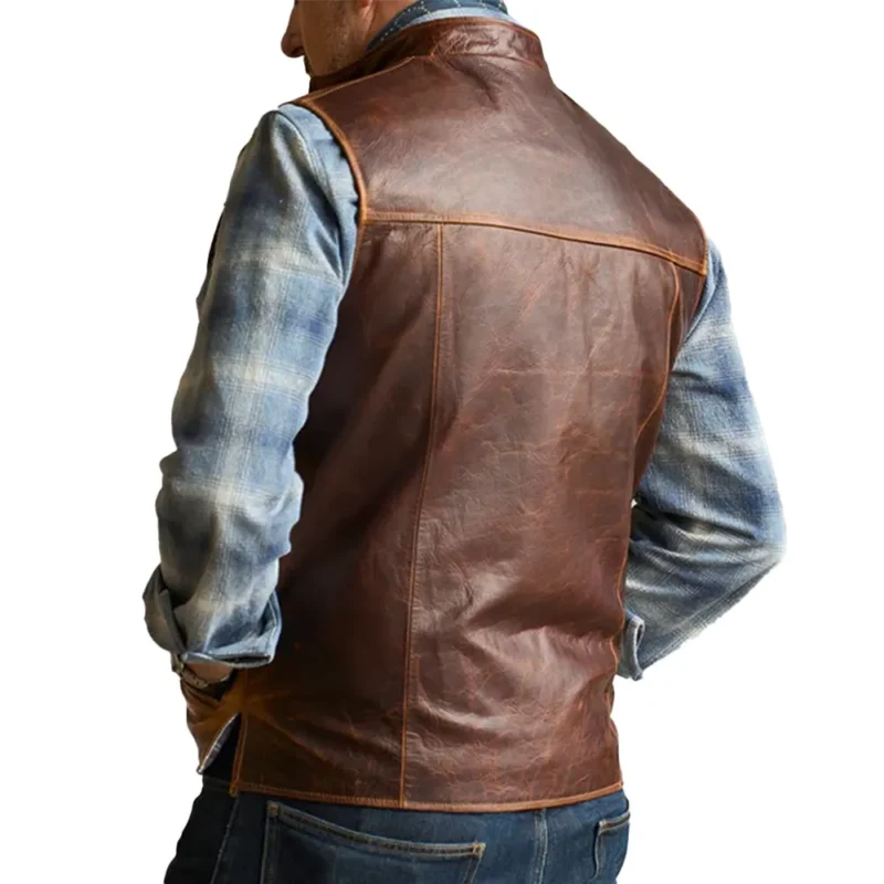 Zipper Brown Leather Vest with Collar Mens