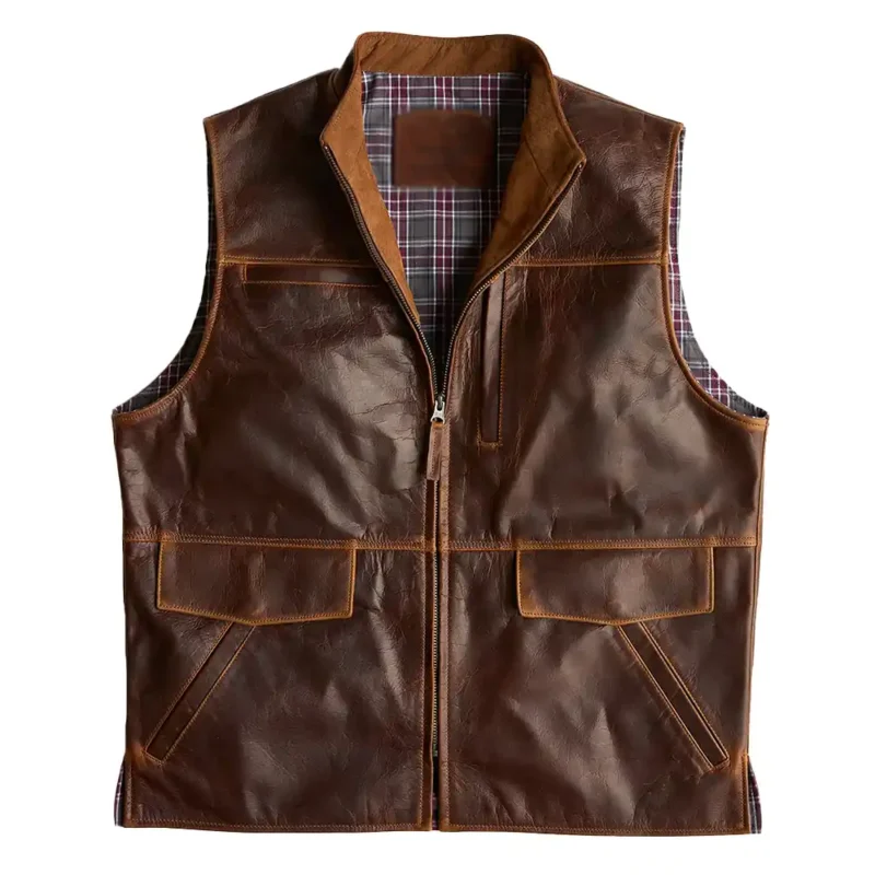 Zipper Brown Leather Vest with Collar Mens