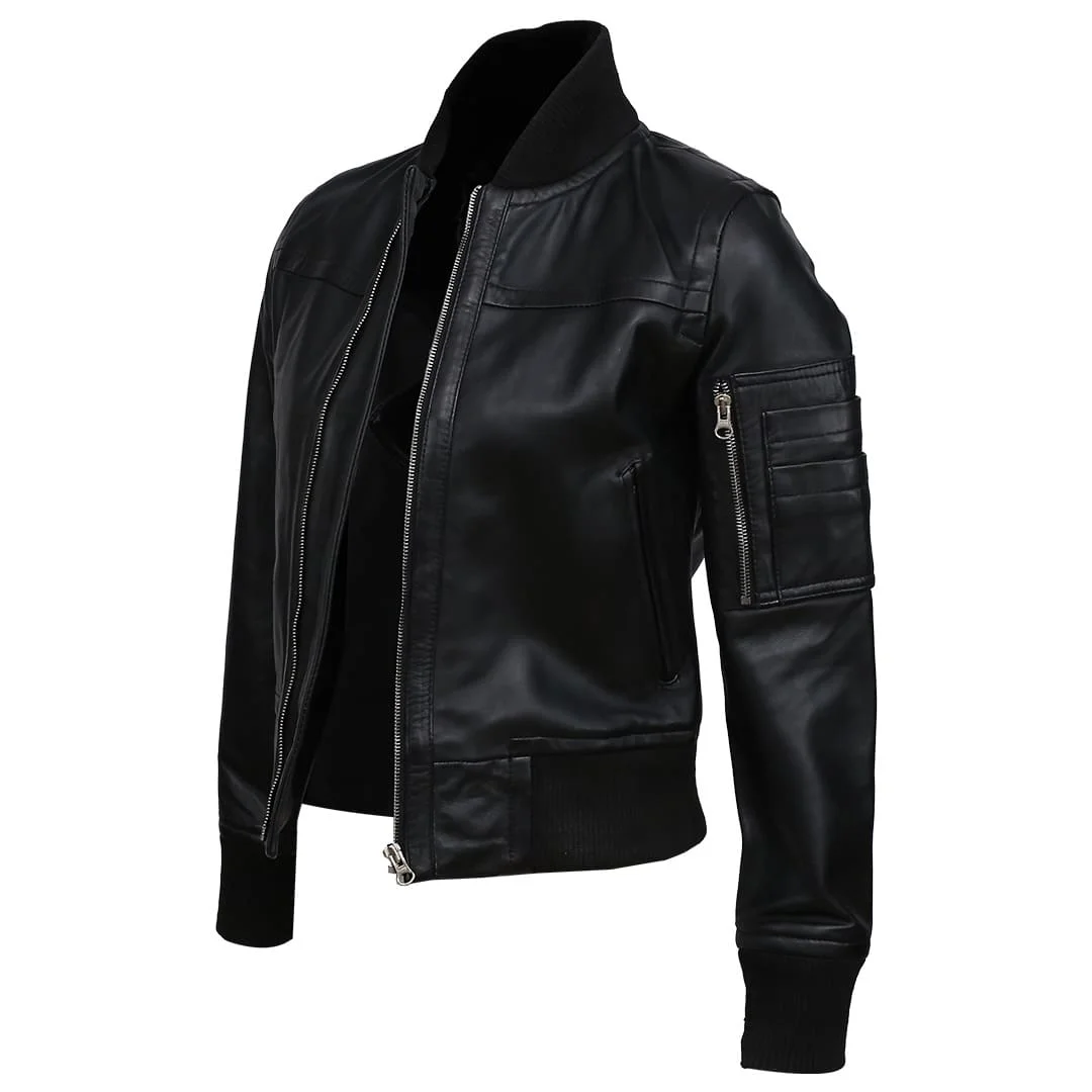 Black Bomber Jacket for Women Pocket