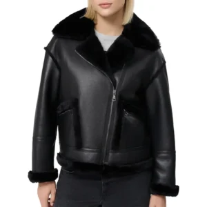 Black Faux Fur Shearling Aviator Leather Jacket