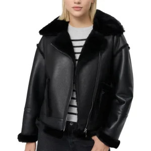 Black Faux Fur Shearling Aviator Leather Jacket For Sale