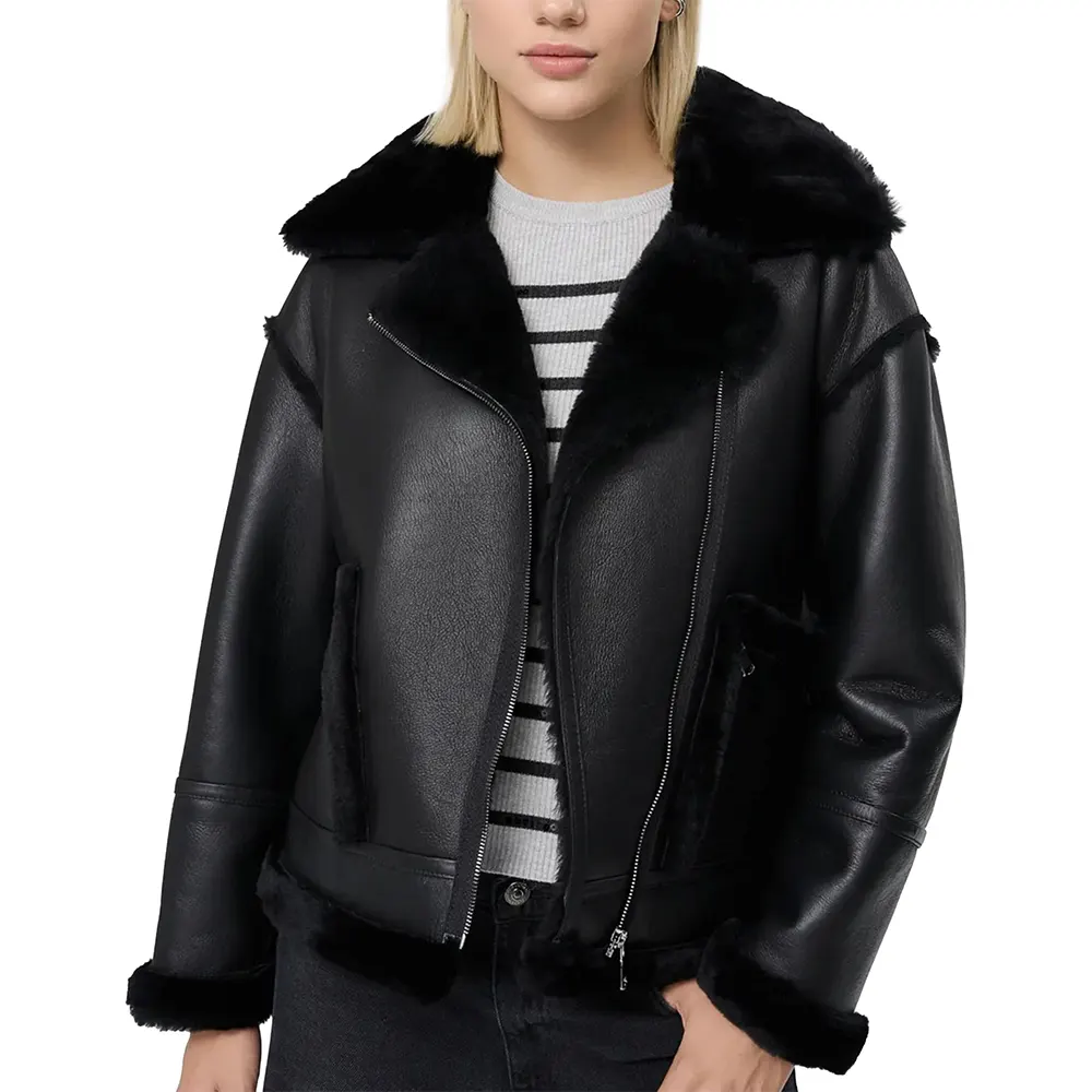 Black Faux Fur Shearling Aviator Leather Jacket For Sale