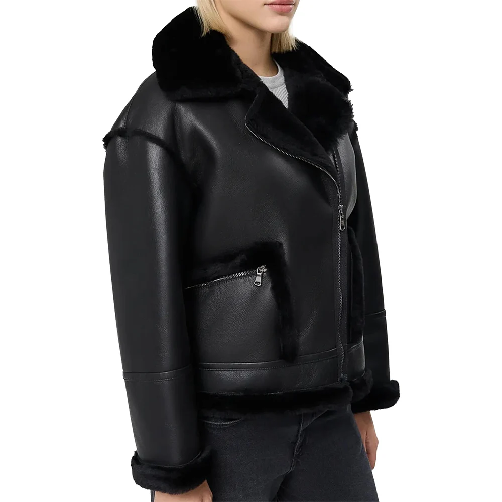 Black Faux Fur Shearling Aviator Leather Jacket For Women’s