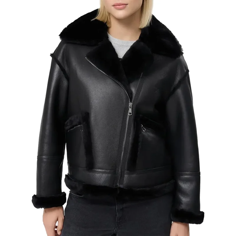 Black Faux Fur Shearling Aviator Leather Jacket