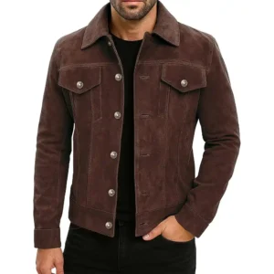 Buy Men’s Dark Brown Real Suede Trucker Style Jacket