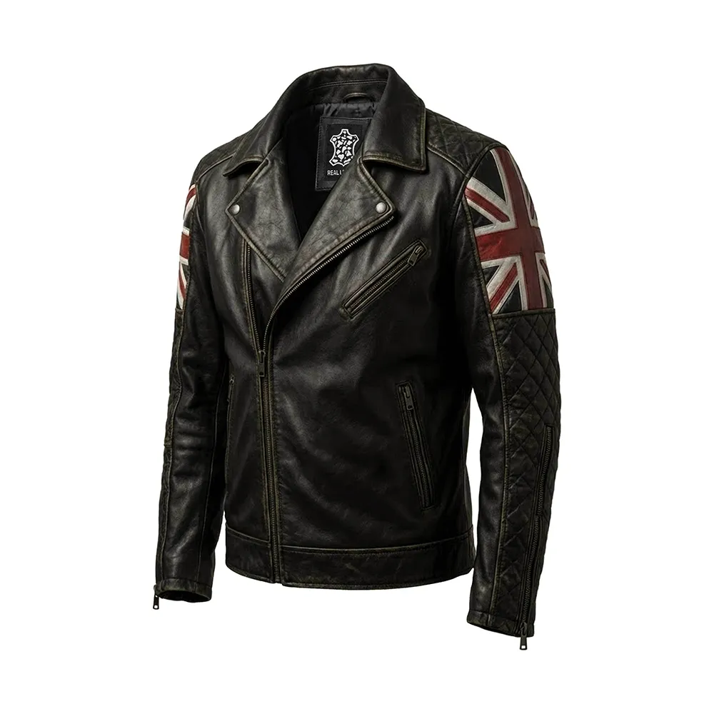 Buy UK Flag Biker Vintage Distressed Brown Leather Jacket For Men