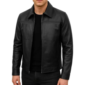 Mark Black Leather Shirt Collar Jacket