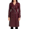 Maroon Lambskin Leather Trench Coat for Women