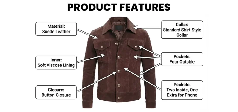 Men’s Dark Brown Real Suede Trucker Style Jacket Info