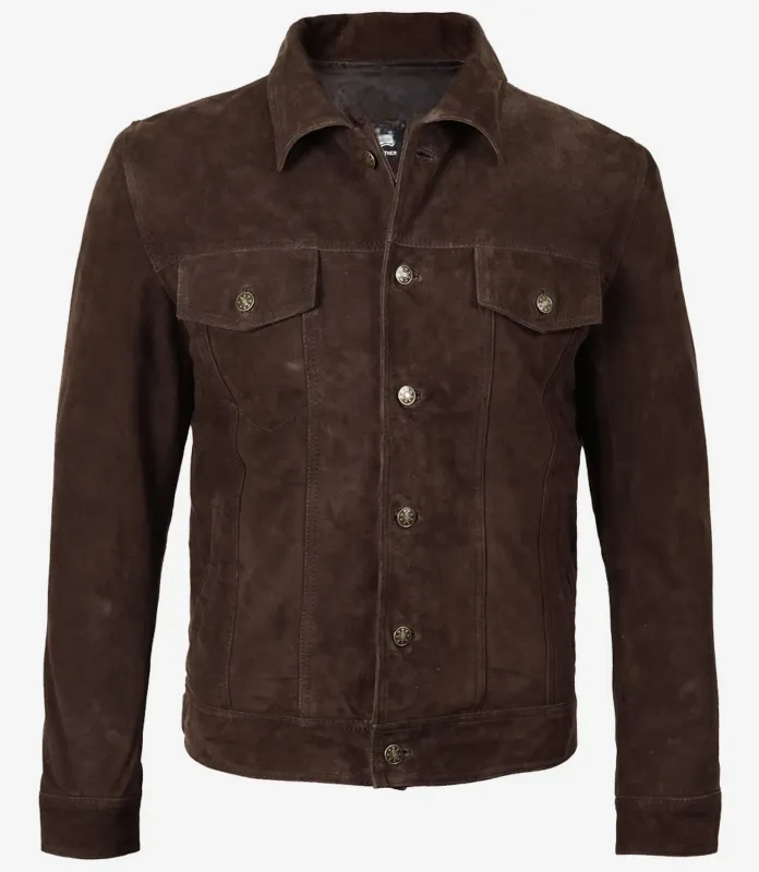 Men’s Dark Brown Real Suede Trucker Style Jacket