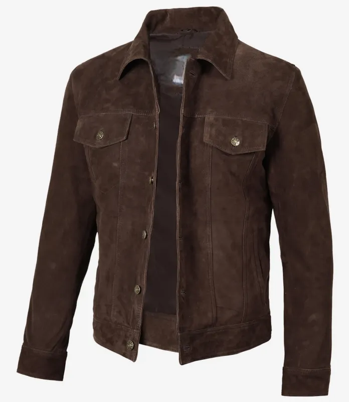 Men’s Dark Brown Real Suede Trucker Style Jacket - Image 2