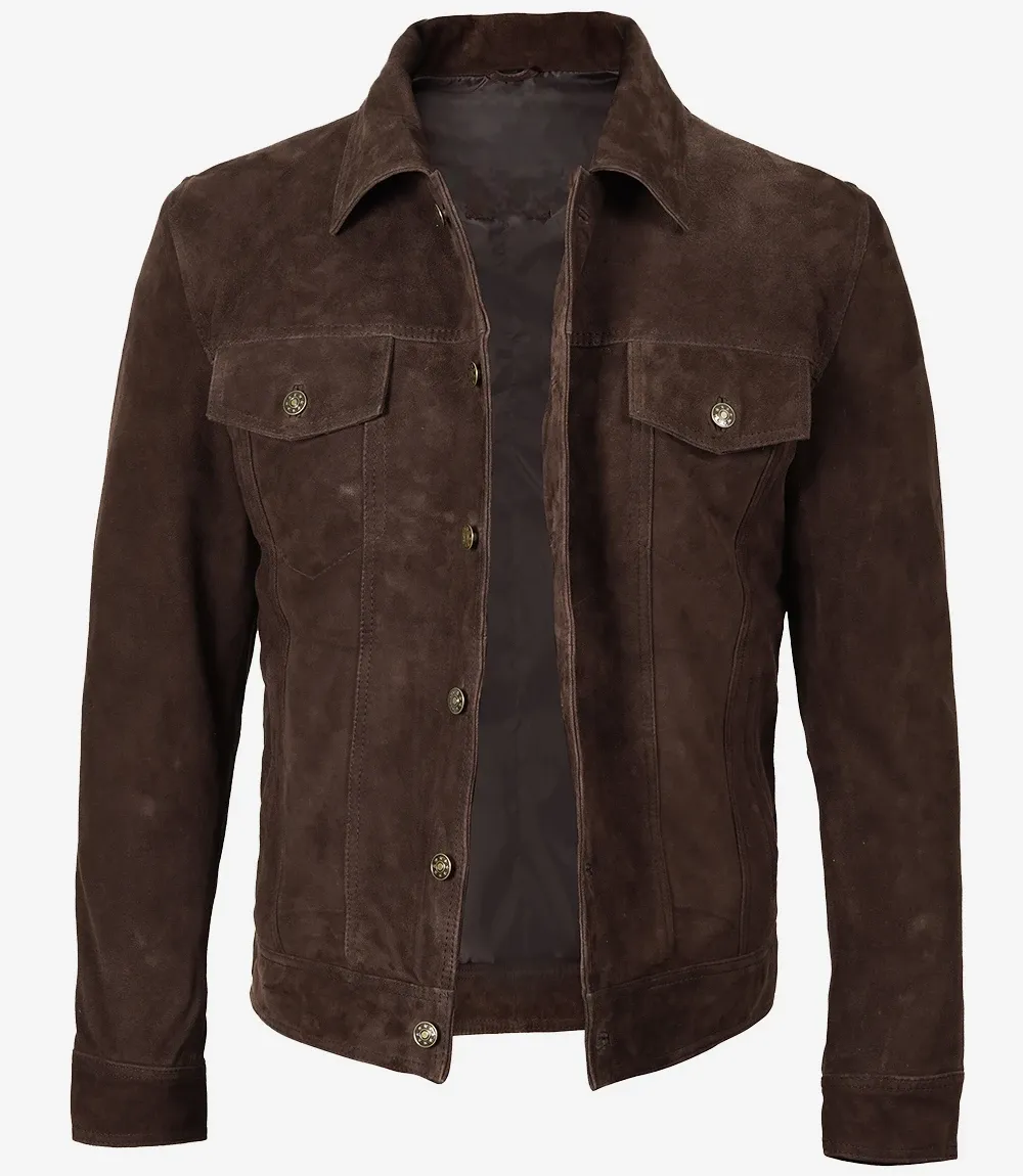 Men’s Dark Brown Real Suede Trucker Style Jacket - Image 5