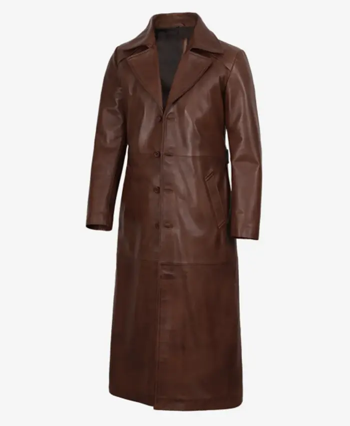Men’s Full Length Brown Leather Duster Coat - Image 2