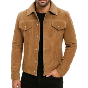 Men’s Suede Real Tan Brownn Trucker Style Jacket