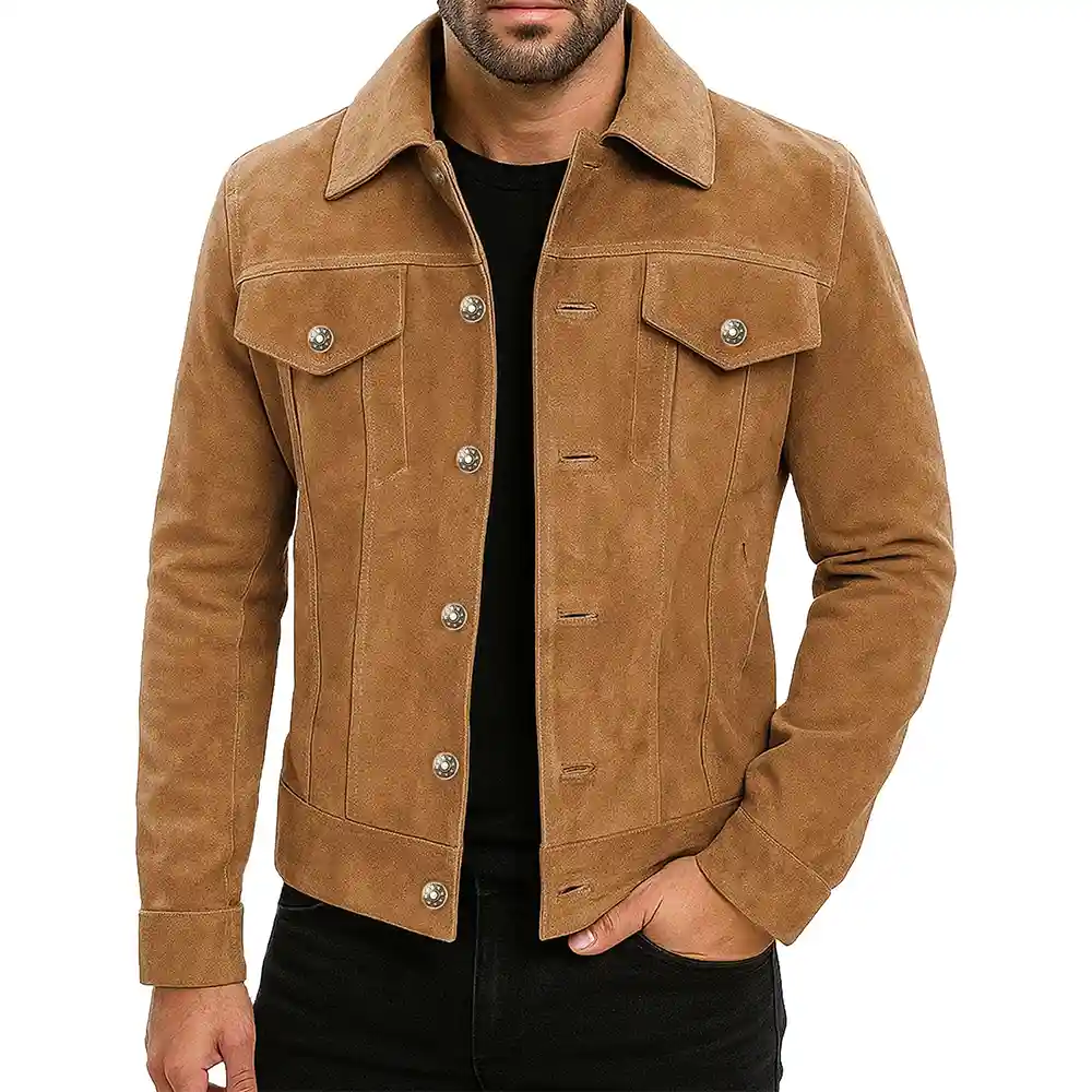 Men’s Suede Real Tan Brownn Trucker Style Jacket