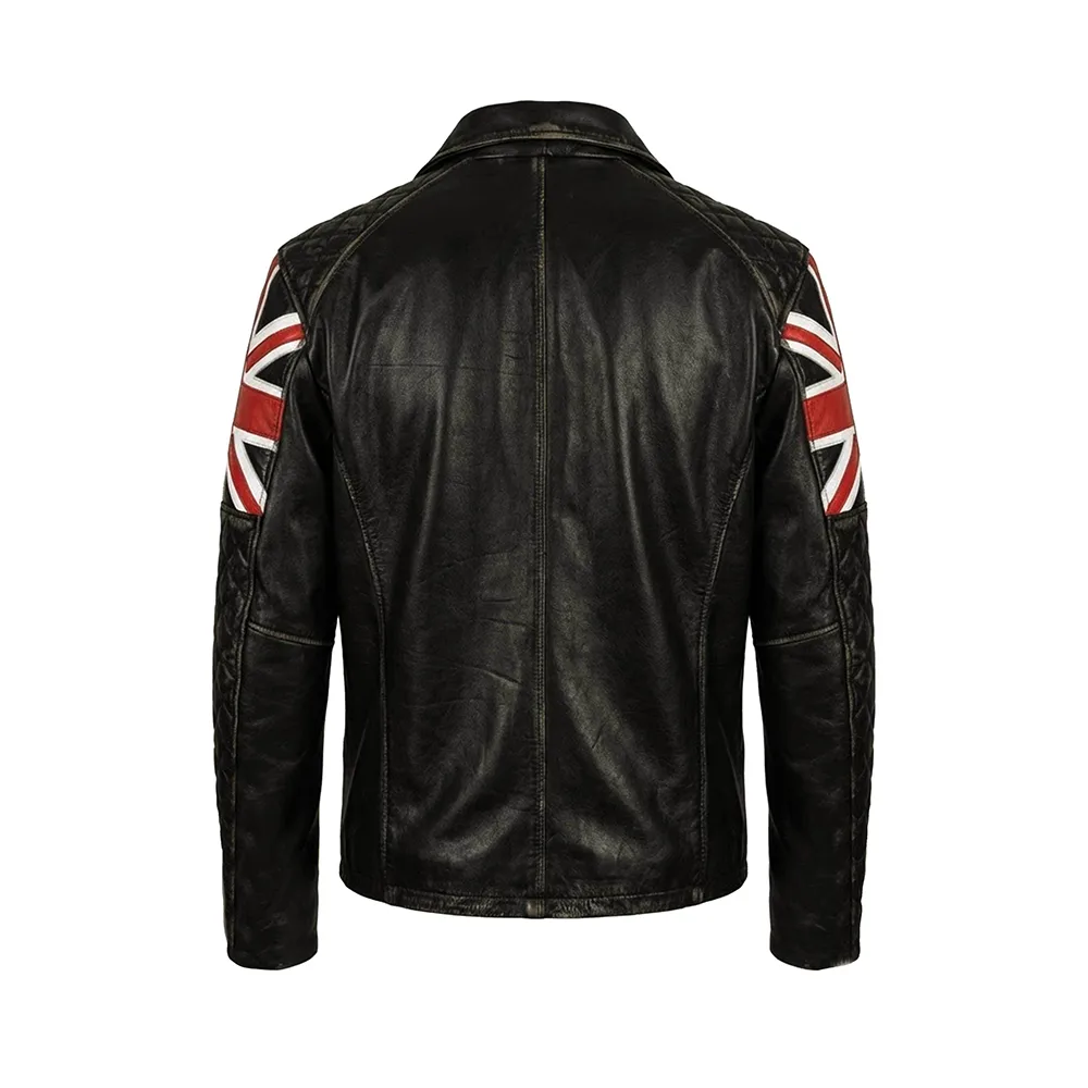 UK Flag Biker Vintage Distressed Brown Leather Jacket For Sale
