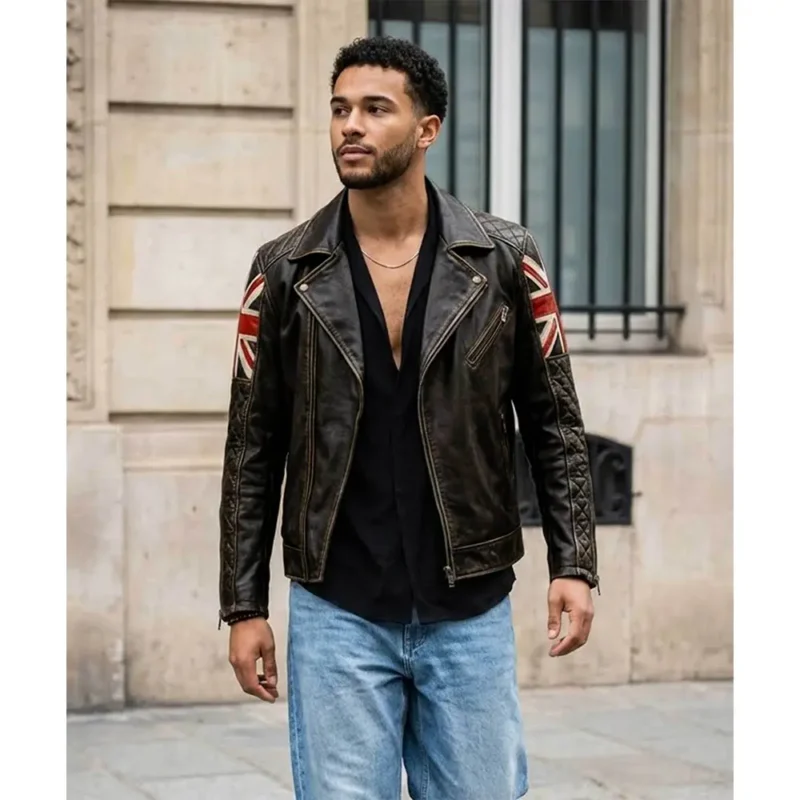 UK Flag Vintage Distressed Brown Leather Jacket