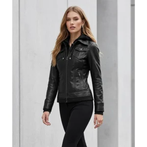 Womens Bomber Leather Removable Hooded Jacket