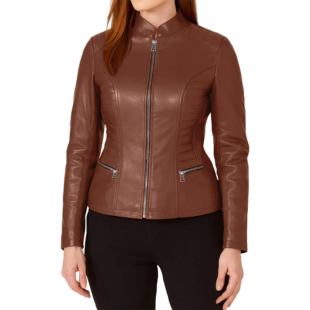 Women's Cafe Racer Leather Jacket - Image 14